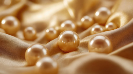 A stunning arrangement of lustrous pearls on soft golden satin fabric, perfect for projects that require a touch of elegance and luxury in photography or design.の素材