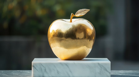 A striking golden apple sculpture sits elegantly on a marble base, capturing attention with its luxurious finish, symbolizing knowledge and creativity in a modern artistic setting.の素材