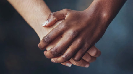 This image captures a close-up view of two individuals holding hands, symbolizing unity and support across diverse backgrounds, highlighting the beauty of connection and friendship.の素材
