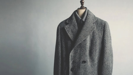 A sophisticated grey herringbone coat displayed on a tailor's dummy, creating an elegant focal point for fashion and textile photography in a minimalist setting.の素材