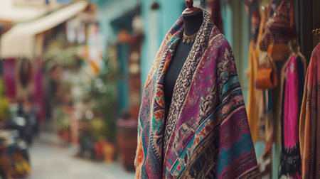 A vibrant traditional textile draped on a mannequin captures the essence of local craftsmanship in a bustling street market filled with colorful shopfronts and cultural charm.の素材