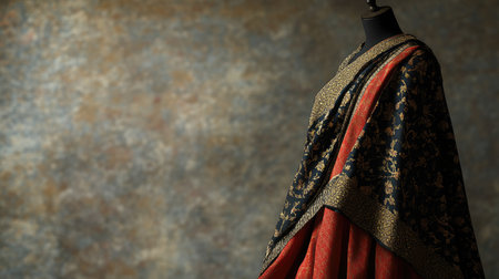 A beautifully draped traditional Indian garment displayed on a mannequin, showcasing intricate designs and vibrant colors against a textured backdrop for artistic inspiration.の素材