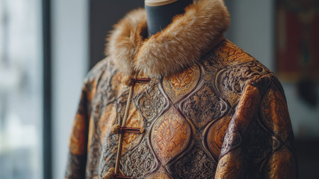 This image features an ornate vintage coat adorned with a luxurious fur collar, highlighting intricate patterns and textures in a stylish boutique environment.の素材