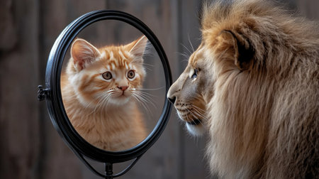 A playful orange cat curiously gazes into a mirror at its lion reflection, highlighting the amusing contrast between domestic pets and majestic wild animals.の素材
