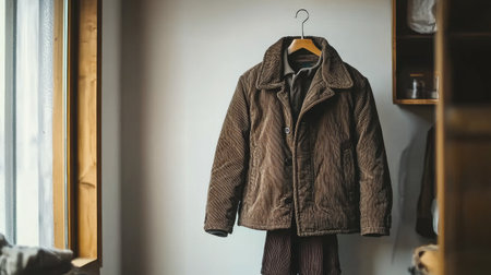 This image features a cozy brown jacket hanging elegantly on a wooden hanger, set against a neutral wall, creating a warm and inviting atmosphere in a minimalist interior space.の素材