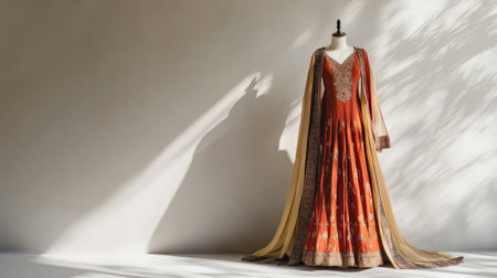 This stunning traditional dress on a mannequin exudes elegance with intricate embroidery and a rich color palette, beautifully highlighted by soft natural light.の素材