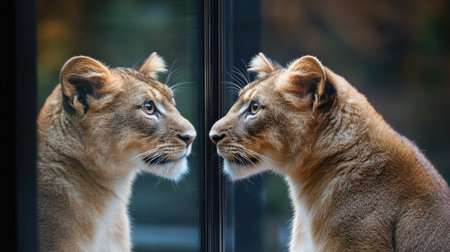 A stunning close-up of a lioness gazing at its reflection in a glass window, showcasing the majestic beauty and serene nature of this magnificent wild animal.の素材