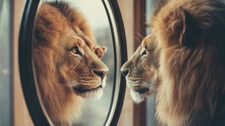 A powerful portrait of a lion observing its reflection in a mirror, showcasing the majestic aura and striking features of this impressive creature in a serene setting.の素材