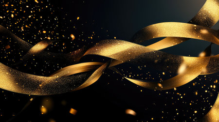 Stunning golden ribbons swirl through the air, accompanied by confetti against a dark backdrop, perfect for conveying celebration and elegance in any design project.の素材