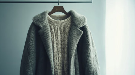 This image showcases a stylish gray overcoat paired with a cozy knit sweater, beautifully displayed on a minimalist rack, capturing the essence of modern fashion in a serene setting.の素材
