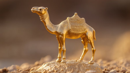 A stunning golden camel figurine is showcased on a rocky surface, illuminated by soft light, symbolizing adventure and luxury against a desert backdrop.の素材