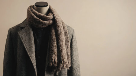 A stylish gray coat paired with a cozy knitted scarf on a mannequin highlights contemporary fashion, perfect for winter attire promotion and visual aesthetics.の素材