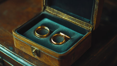 A stunning display of gold wedding rings in a vintage box, evoking feelings of love and commitment, ideal for wedding themes and romantic photography.の素材