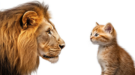 A stunning depiction of a lion and a kitten sharing a moment, showcasing the fascinating contrast between wild majesty and playful innocence in the animal world.の素材