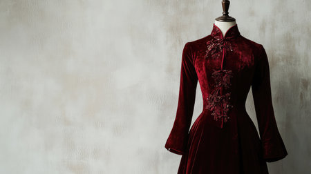 A stunning red velvet dress displayed on a mannequin, showcasing intricate embroidery and elegant design against a softly textured background for fashion inspiration.の素材