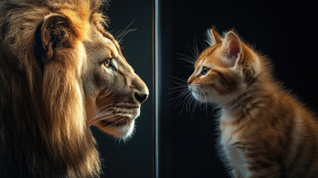A powerful lion and a playful cat face each other, creating an intriguing visual contrast between the majesty of nature and the charm of a household pet.の素材