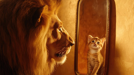 A captivating image shows a regal lion staring at a curious kitten in a mirror, symbolizing the contrast between the wild and domestic worlds with warmth and connection.の素材