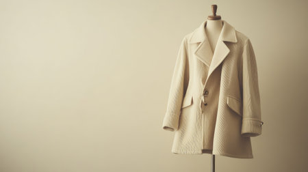 A stylish beige wool coat is prominently displayed, highlighting its unique textured design and tailored silhouette, ideal for fashion promotion and photography.の素材