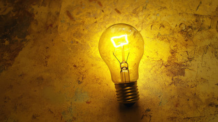 A glowing yellow light bulb stands out against a rich gold background, symbolizing creativity and inspiration, perfect for modern design and artistic themes.の素材