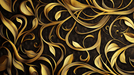 Discover an elegant swirl design featuring intricate gold leaves against a dark backdrop, perfect for adding a touch of sophistication to any project or design.の素材