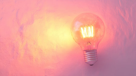 A vintage Edison bulb emits a warm glow against a textured pink wall, creating a cozy atmosphere perfect for interior design and aesthetic inspiration.の素材