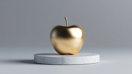 A luxurious golden apple positioned on a sleek marble stand, captured against a minimalist background, showcases elegance and sophistication, perfect for design projects.の素材