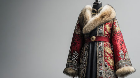 This luxurious cloak features exquisite embroidery and a bold fur trim, celebrating cultural heritage and style. Ideal for events, performances, or fashion showcases.の素材