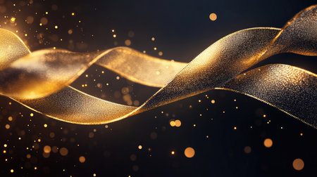 A stunning visual of flowing golden ribbons illuminated by soft bokeh lights, perfect for adding a touch of elegance to any art, design, or celebration project.の素材