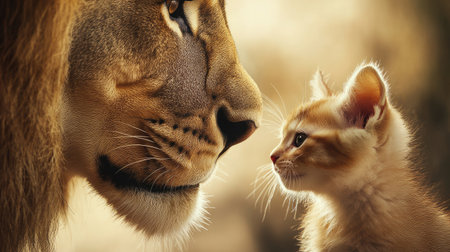 This captivating image captures the profound connection between a lion and a kitten, illustrating the contrast of their worlds and the beauty found in unlikely friendships.の素材