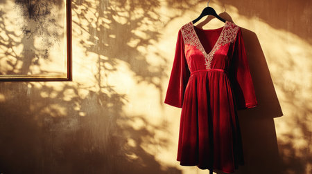 A vibrant red dress hangs gracefully against a textured wall, illuminated by soft light, casting delicate shadows, ideal for fashion-themed imagery and creative designs.の素材