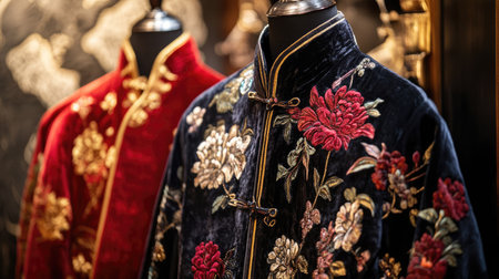 Experience the beauty of traditional Chinese fashion with these garments on display, featuring intricate floral embroidery and rich colors in an elegant vintage setting.の素材