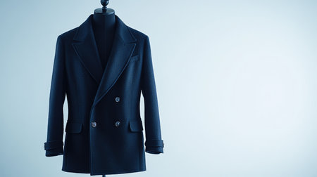 Elegant navy blue peacoat showcased beautifully on a dress form, set against a soft blue background, ideal for fashion displays or promotional materials related to winter apparel.の素材