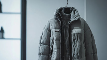 A fashionable grey puffer jacket paired with a comfy knit sweater, showcasing layers in a modern indoor setting, ideal for winter fashion shoots and style inspiration.の素材