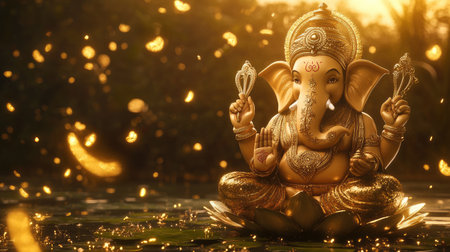 A stunning golden statue of Ganesh exudes tranquility and spirituality, surrounded by enchanting lights and a serene natural backdrop, perfect for cultural and religious themes.の素材