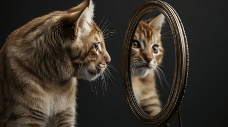 A charming ginger cat gazes at its own reflection in a vintage mirror. This captivating scene showcases the curious nature and beauty of a domestic feline.の素材