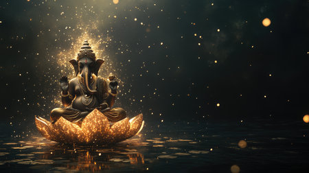Captivating golden Ganesh statue on a glowing lotus, surrounded by ethereal light and sparkles, perfect for themes of spirituality, peace, and artistic expression.の素材