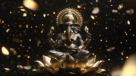 A stunning black Ganesh statue embellished with gold sits atop a lotus, surrounded by shimmering petals, representing abundance and blessings, perfect for spiritual or decorative use.の素材