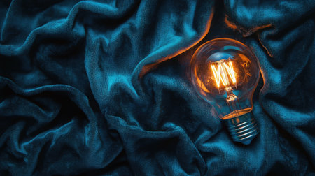 This image features a vintage light bulb resting on textured blue fabric, emitting a warm glow. Perfect for creative projects or interior decor themes.の素材