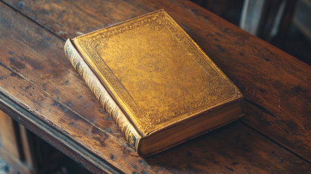 A beautifully crafted antique book features an ornate golden cover, resting on a rustic wooden surface, surrounded by soft natural light, creating a warm and nostalgic atmosphere.の素材