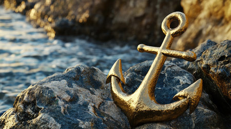 A stunning golden anchor positioned on rugged rocks by the sea, capturing the essence of coastal beauty and tranquility, perfect for travel or nautical themes.の素材