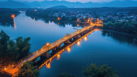 This stunning photograph captures a beautifully illuminated bridge spanning a calm river at night, surrounded by mountains and lush greenery under a serene twilight sky.の素材