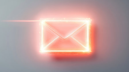 A vibrant neon email icon surrounded by a glowing light effect, symbolizing digital communication and connection, perfect for tech and messaging themes.の素材