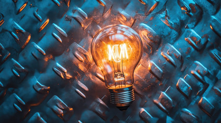 This image features a vintage light bulb glowing brightly against a textured metal surface, combining blue and orange tones for an alluring visual appeal and atmospheric energy.の素材