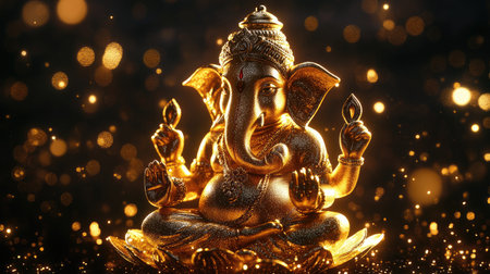 A stunning golden statue of Ganesh, the Hindu deity, radiates charm and sophistication, surrounded by sparkling lights, evoking feelings of prosperity and wisdom.の素材