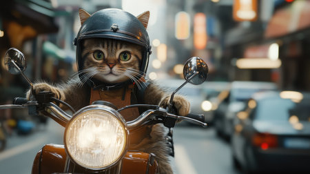 A charming cat takes to the streets on a motorcycle, showcasing its adventurous spirit and playful personality while donning a stylish helmet in a bustling urban setting.の素材