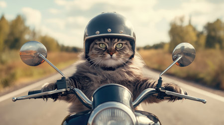A humorous and whimsical image of a cat wearing a helmet and riding a motorcycle on an open road, showcasing the adventurous spirit of pets in a fun and picturesque setting.の素材
