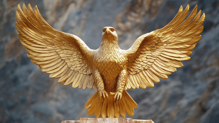 A breathtaking golden eagle sculpture, wings spread wide, symbolizes strength and freedom, set against a natural stone backdrop, perfect for artistic and wildlife enthusiasts.の素材