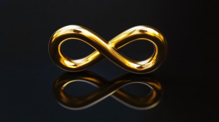 A stunning golden infinity symbol reflects beautifully against a dark background, symbolizing endless possibilities and profound concepts for creative and inspirational projects.の素材