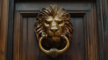 This stunning bronze lion door knocker, set against a wooden door, exudes elegance and strength, making it a perfect accent for any classic architectural style.の素材