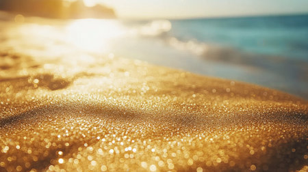 Experience the beauty of a serene beach sunset with sparkling sand and gentle ocean waves. This close-up view captures the tranquil atmosphere of a perfect getaway.の素材